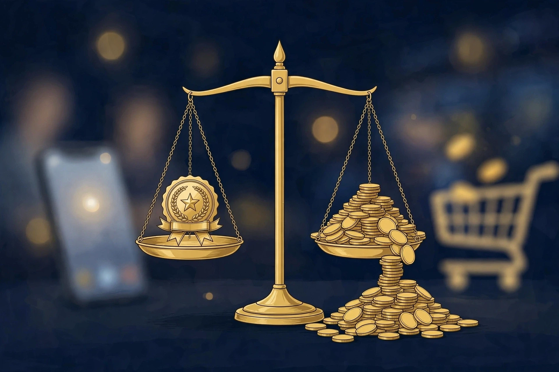 商标侵权惩罚性赔偿新规解读题图:金色天平一端是商标徽章,另一端是叠起的金币,背景为直播间剪影 商标侵权惩罚性赔偿新规解读题图:金色天平一端是商标徽章,另一端是叠起的金币,背景为直播间剪影