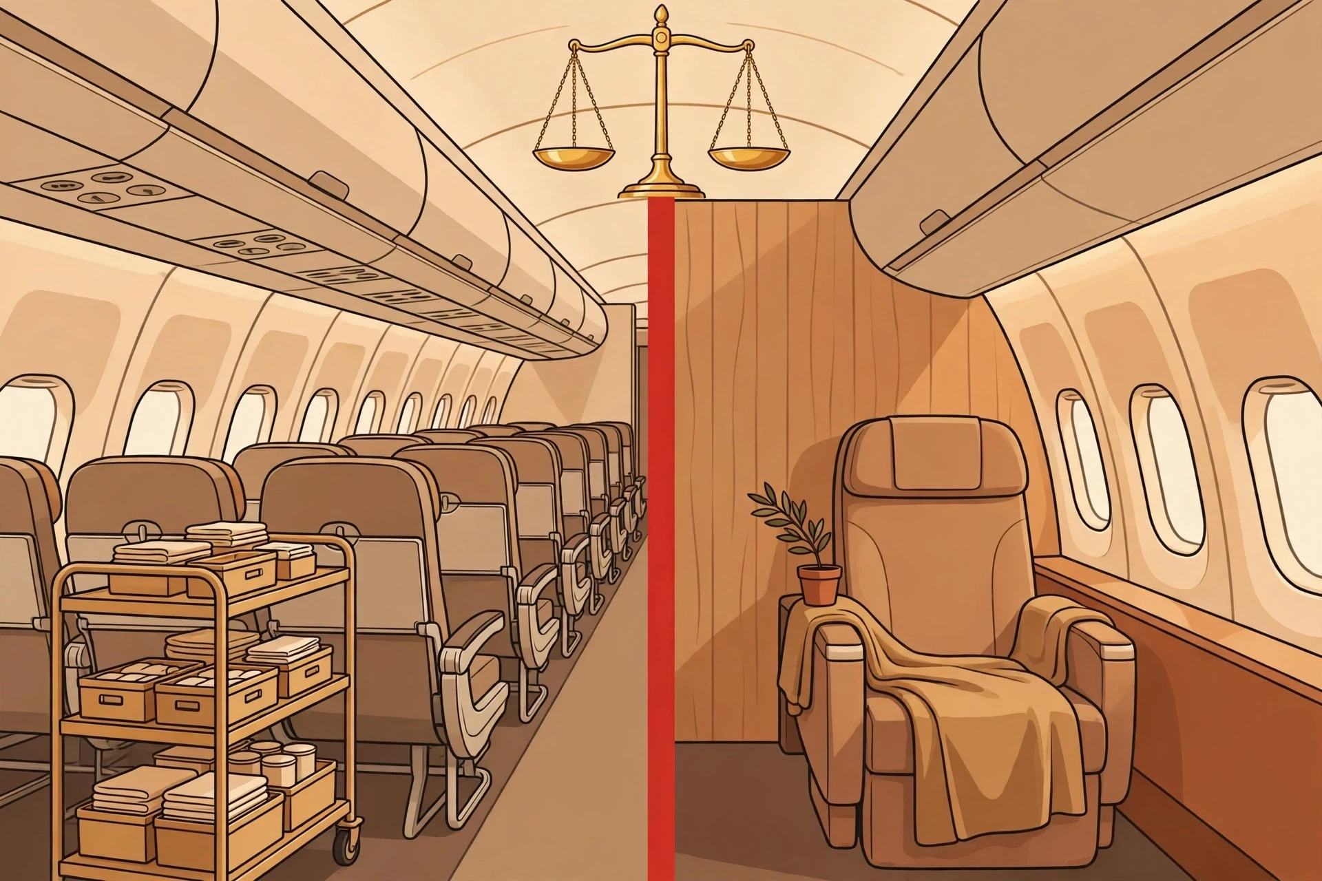 “空姐下跪”与“机闹”红线题图：客舱内餐车与金色天平、法律红线，守护人格尊严
