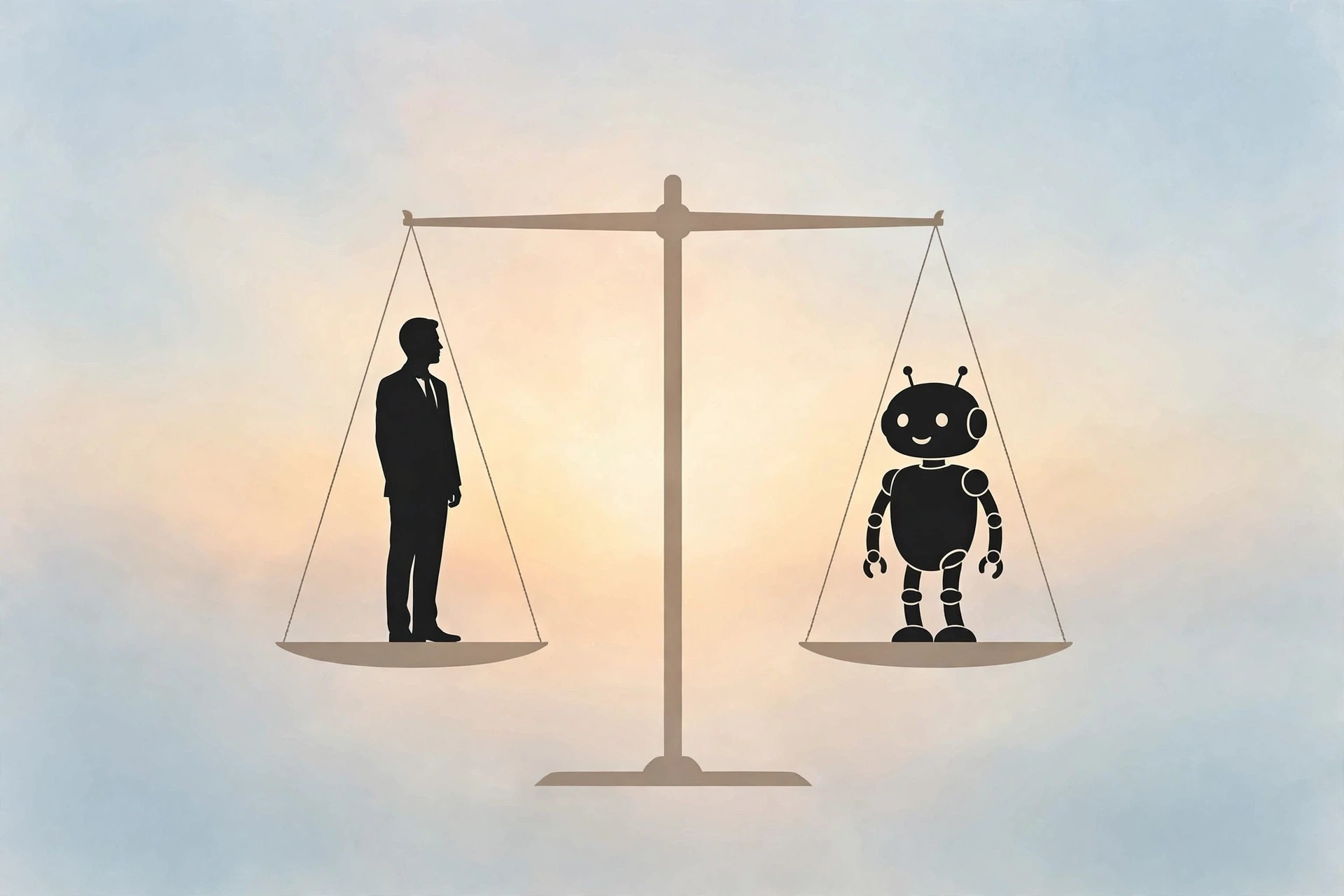 天平上的上班族与机器人:AI替岗下技术进步与劳动者权益的平衡示意