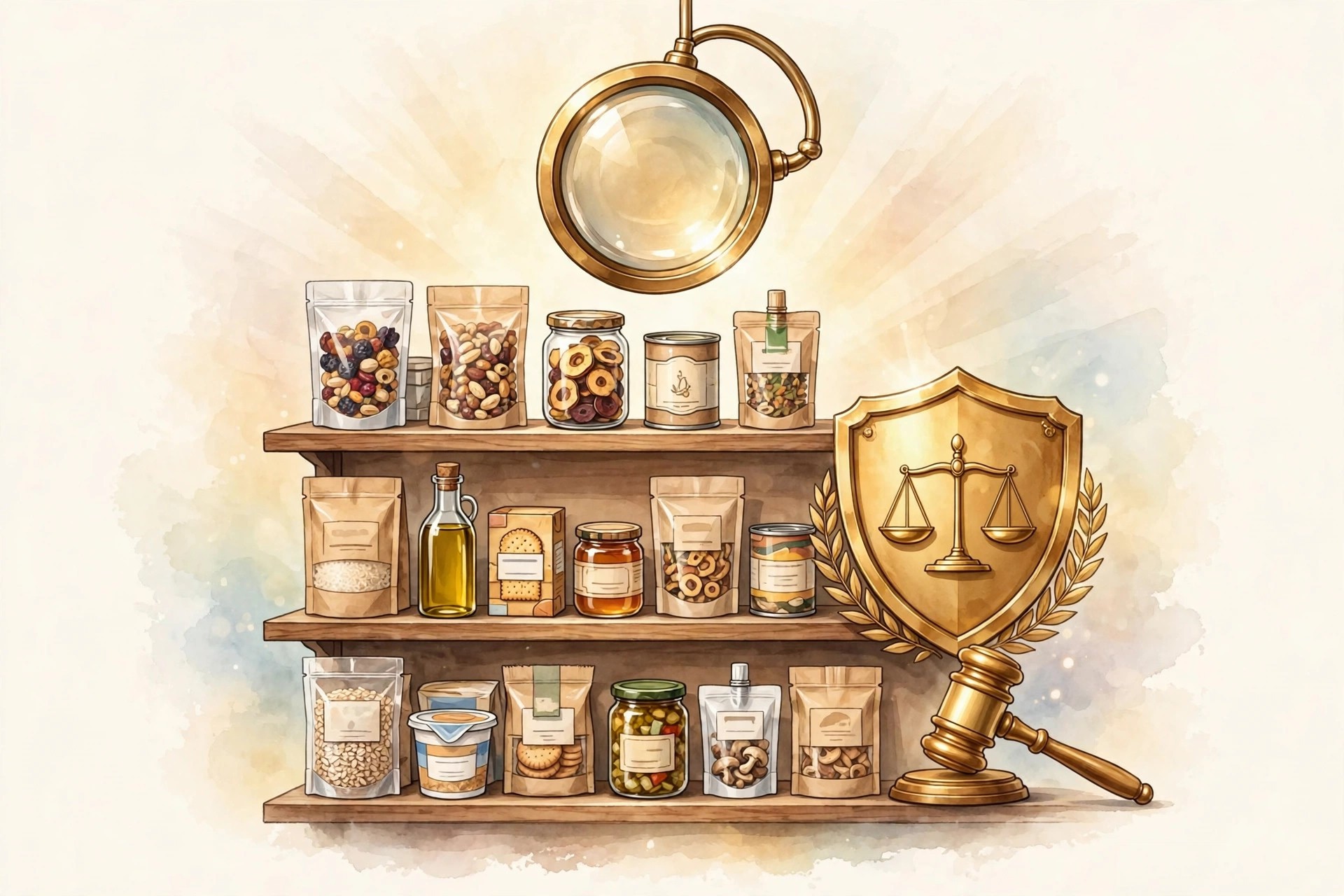 概念插画：超市货架上的食品被放大镜检验，金色法律盾牌与法槌守护食品安全