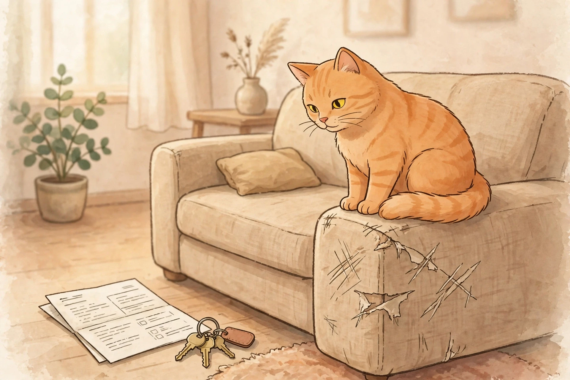 插画：一只橘猫蹲坐在沙发上，沙发扶手被抓出裂痕，地上散落着租赁合同与房屋钥匙，寓意宠物损坏租赁物的保管责任与赔偿边界