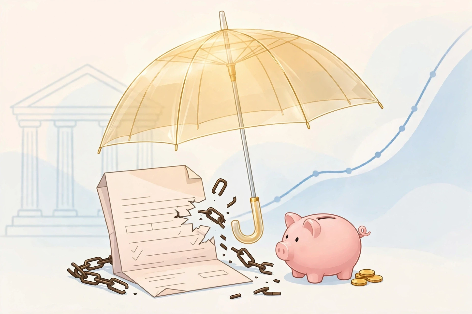 金色保护伞庇护金融理财合同与储蓄罐,合同上的断链象征无效格式条款,概念插画
